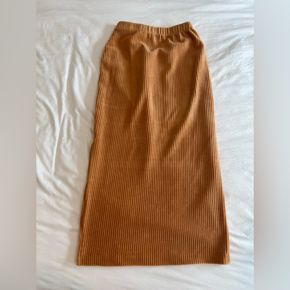 Free People Gold Ribbed Midi Pencil Skirt with Slit - Picture 2 of 4